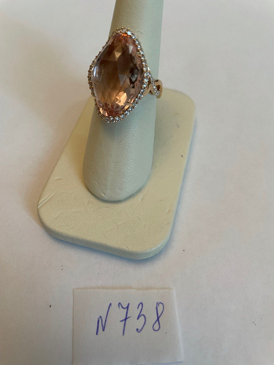Fancy Shield Kite Shape Peach Pink Morganite Diamonds Halo 18K Rose Gold Ring