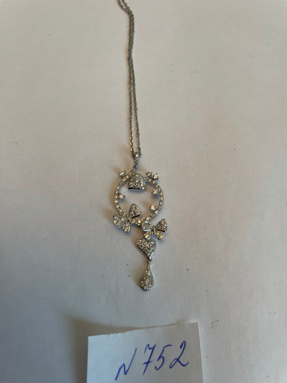 Diamond Butterfly Butterflies Pave Set Hearts 14K White Gold Pendant Necklace