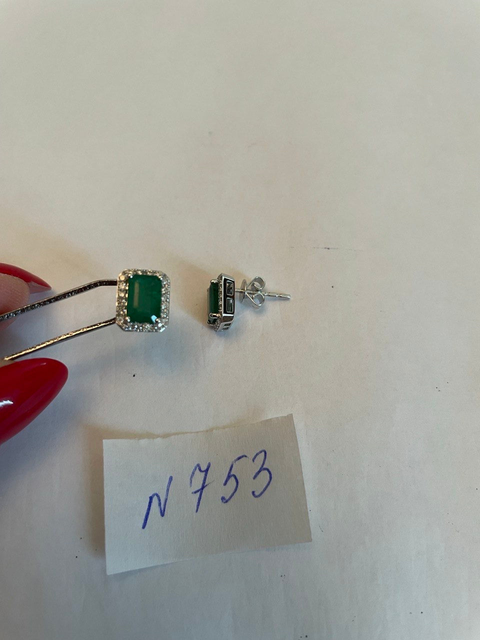 Rectangle Green Emerald Diamond Halo Set 14K White Gold Stud Earrings