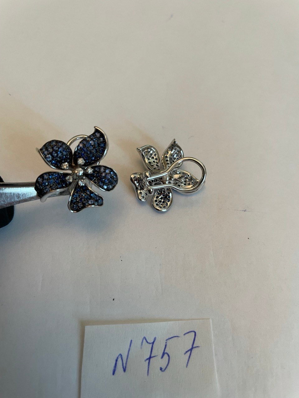 Light Dark Blue Sapphire & Diamond Pave 14K White Gold Floral Flower Earrings