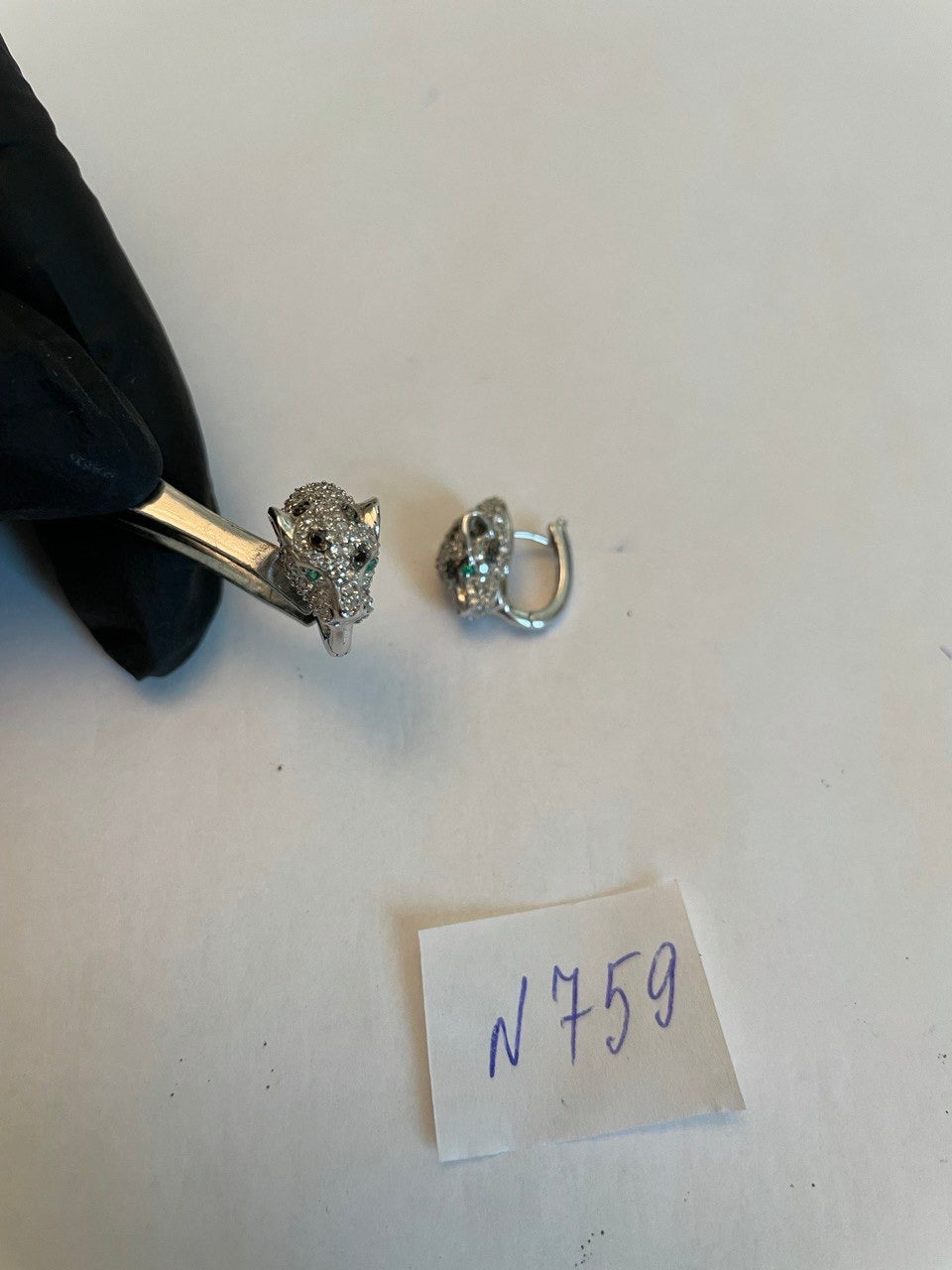 White Snow Leopard Panther Diamond Pave Set 14K White Gold Emerald Earrings