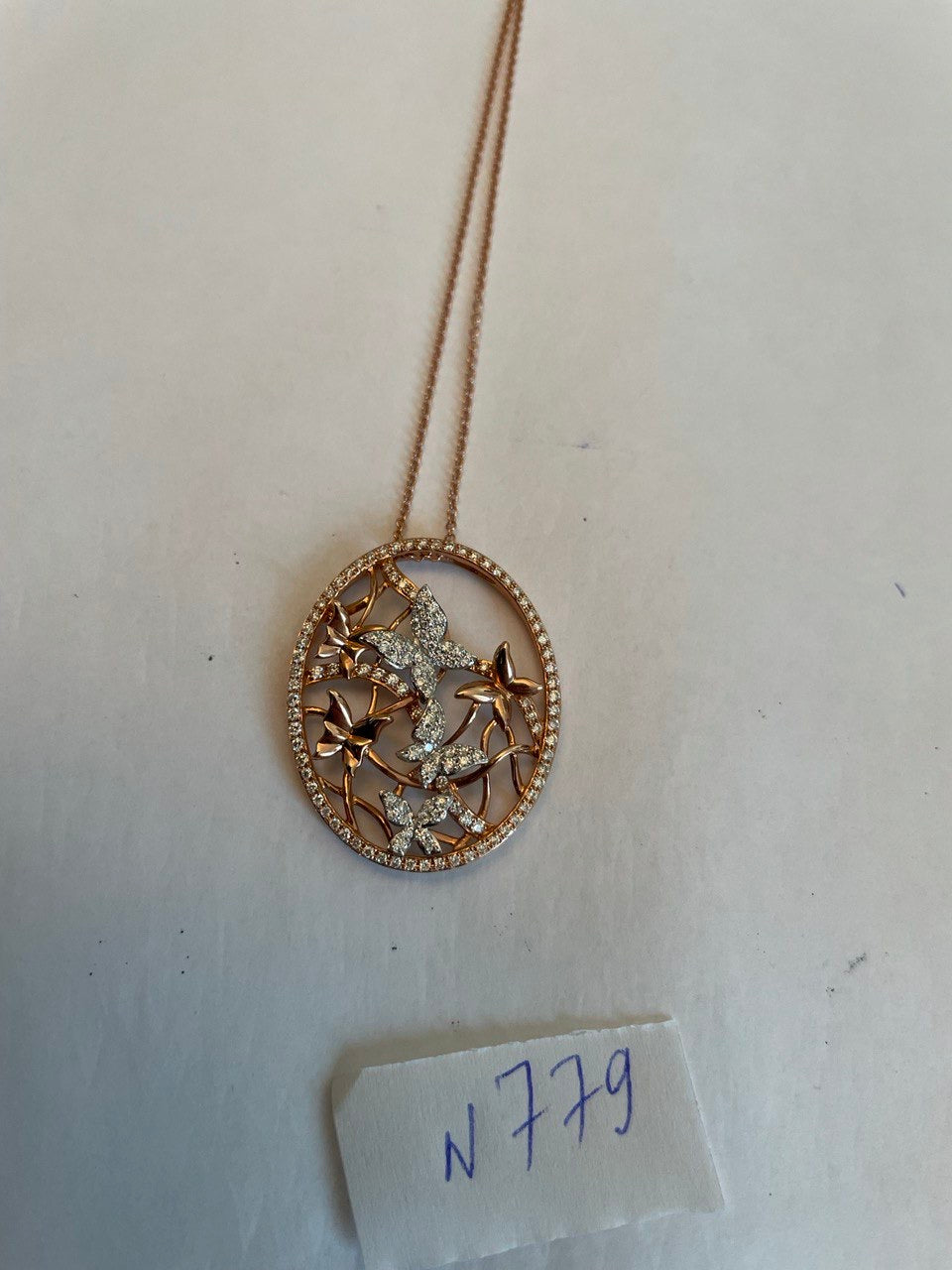 Butterfly Butterflies Diamond Pave Set 14K Rose Gold Pendant Medallion Necklace
