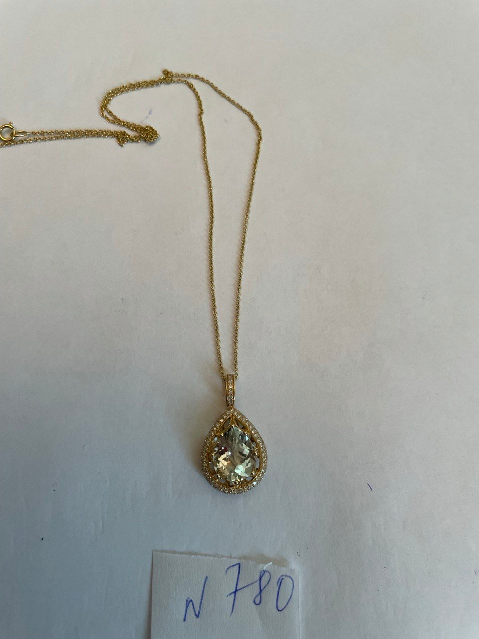 Pear Teardrop Shape Green Amethyst Prasiolite Gold Diamond Halo Pendant Necklace