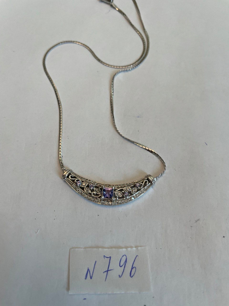Square Blue Tanzanite White Diamonds Pave 14K White Gold Bib Pendant Necklace