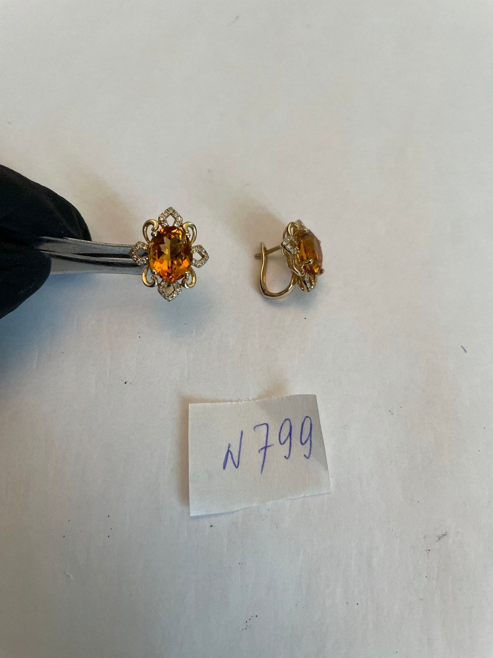 Oval Shape Amber Orange Citrine 14K Yellow Gold Diamond Stud Earrings
