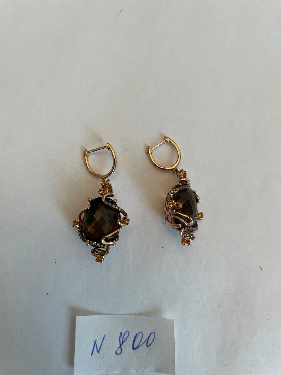 Oval Shape Brown Smoky Quartz 14K Rose Gold Diamond Halo Citrine Earrings