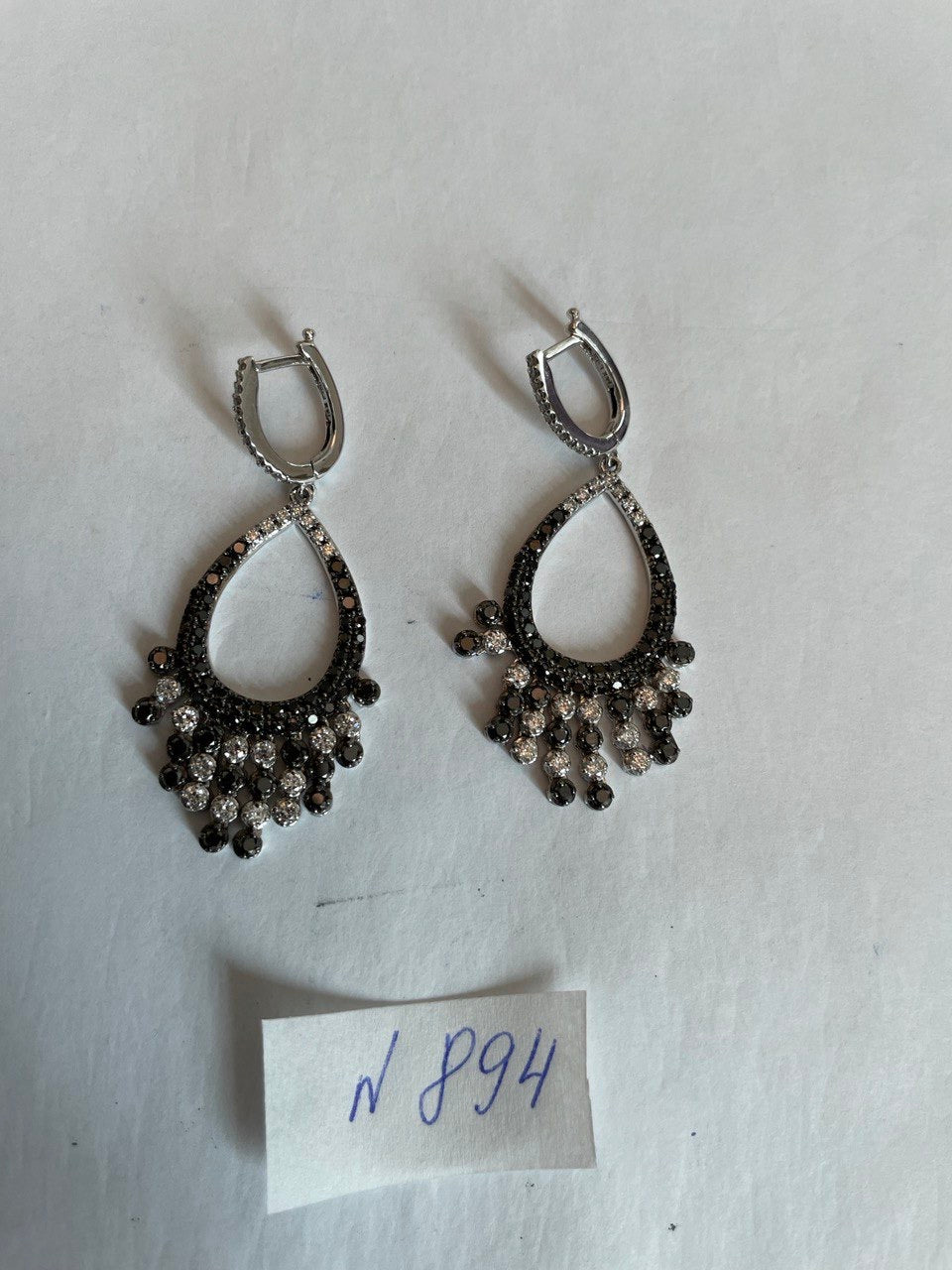Black & White Diamonds Pave Set 14K White Gold Chandelier Tassel Dangle Earrings