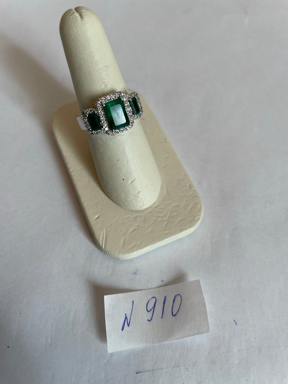Three Stone Green Emerald & Diamond Halo 14K White Gold Classic Statement Ring