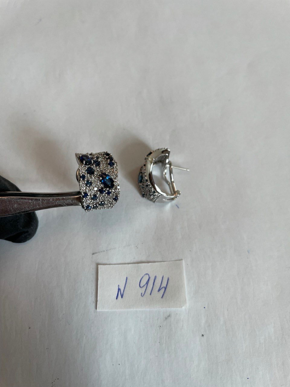 Blue Sapphires White Diamonds Cluster Pave Set 14K White Gold Huggie Earrings