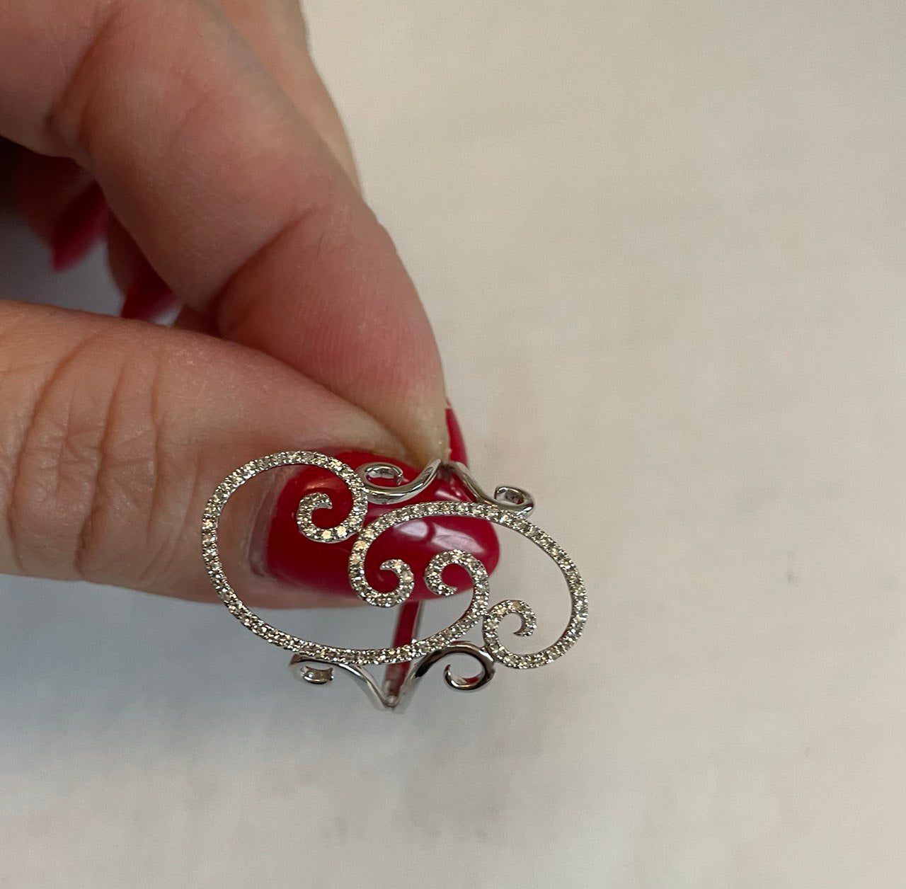 White Brilliant Cut Diamond Wave Spiral Swirl 14K White Gold Statement Ring