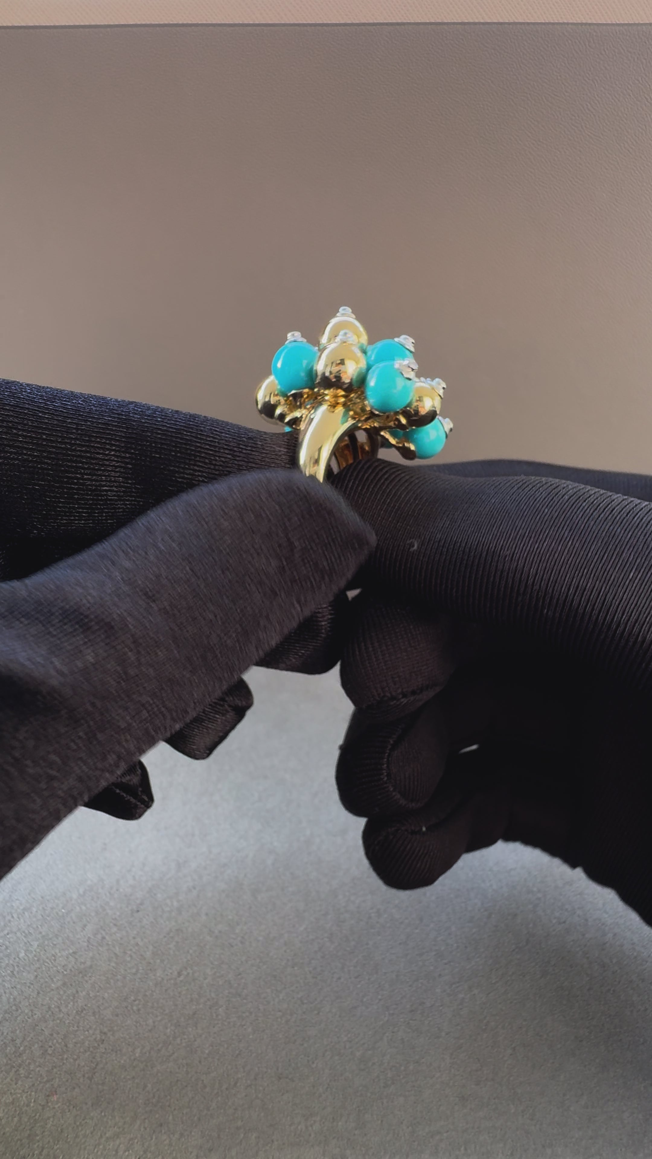 Blue Turquoise Diamonds Golden Spheres Balls Christmas Bells Motif 18K Gold Ring