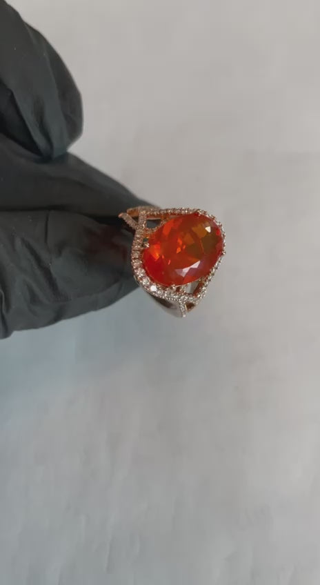 Oval Orange Fire Opal Diamonds Halo 14K Rose Gold Statement Classic Ring