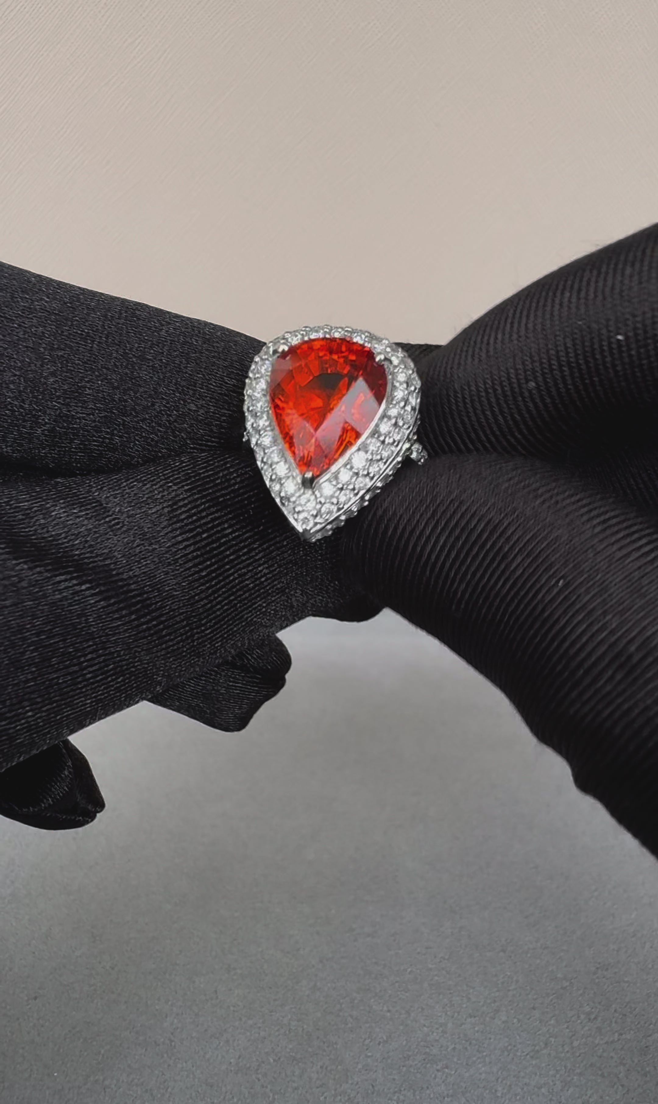 Mandarin Garnet Spessartine Pear Drop Shape Diamond Halo Pave White Gold Ring