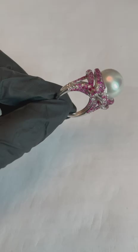 White South Sea Pearl Pink Sapphire Diamonds Halo Detail 18K White Gold Ring