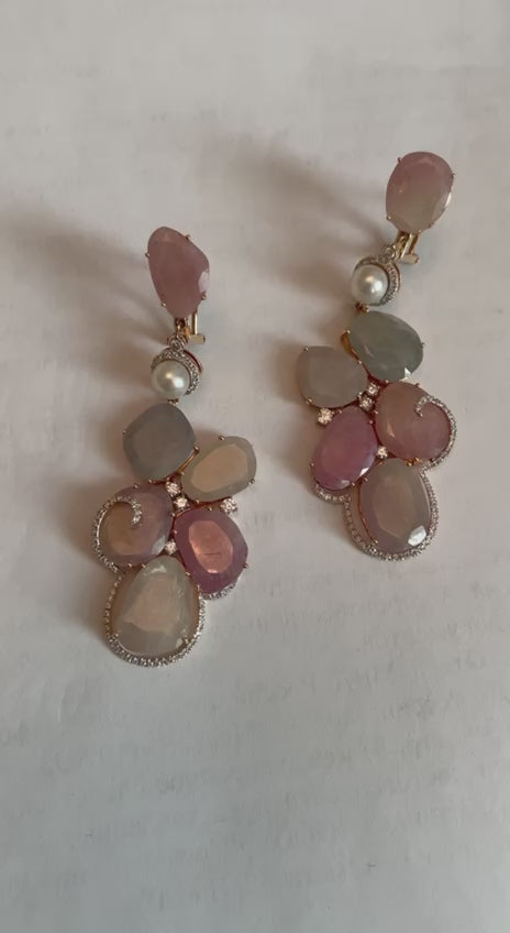 Fancy Cut Colored Sapphires Slice Pearl Diamond 18K Rose Gold Statement Earrings