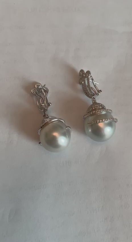 White South Sea Pearl Diamond Pave Drop 18 Karat White Gold Statement Earrings