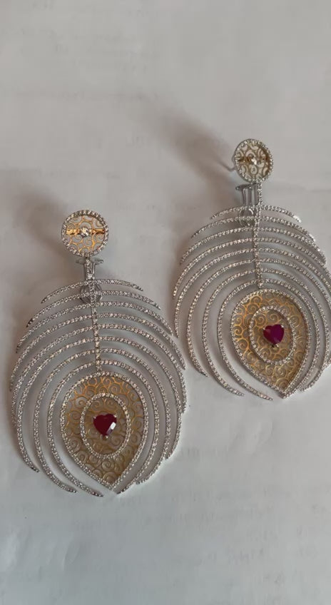 Heart Shape Ruby Diamond Halo Eastern Symbol Statement 18K White Gold Earrings
