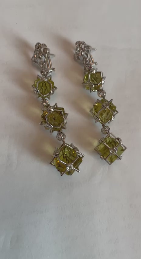 Lime Lemon Yellow Quartz 18 Karat White Gold Statement Diamond Drop Earrings