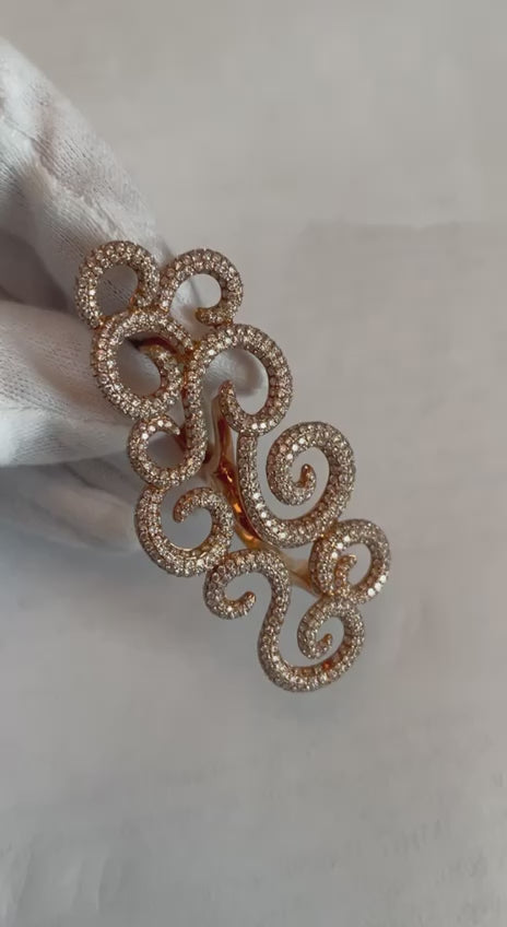 Double Finger Swirl Waves Diamond Pave 18K Rose Gold Statement Knuckle Ring