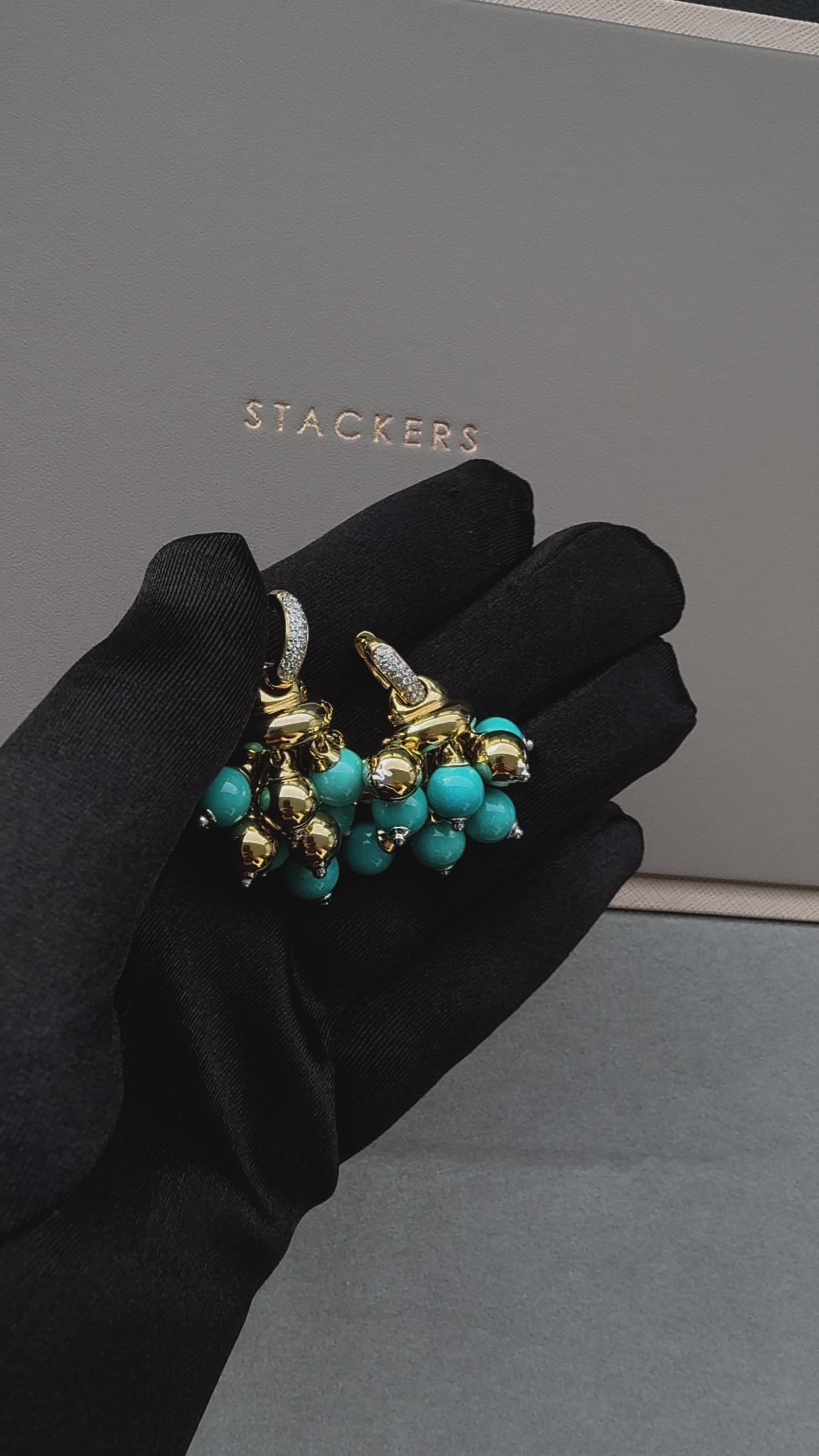 Blue Turquoise Diamonds Golden Sphere Bells Motif Two Tone Gold Huggie Earrings