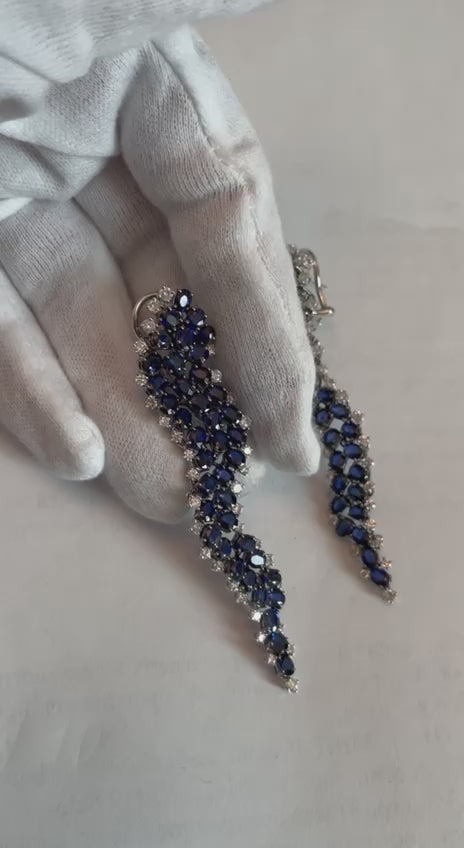 Blue Sapphire Cascade Wave Diamonds 18K White Gold Statement Fancy Earrings