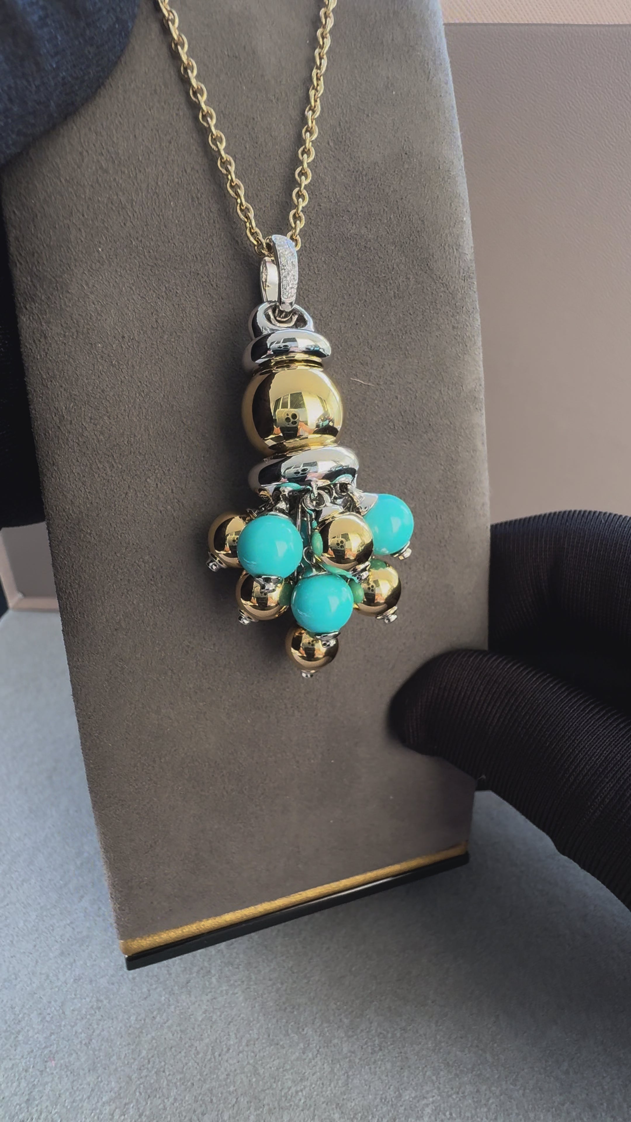 Blue Turquoise Diamonds Golden Sphere Bells Motif Two Tone Gold Pendant Necklace