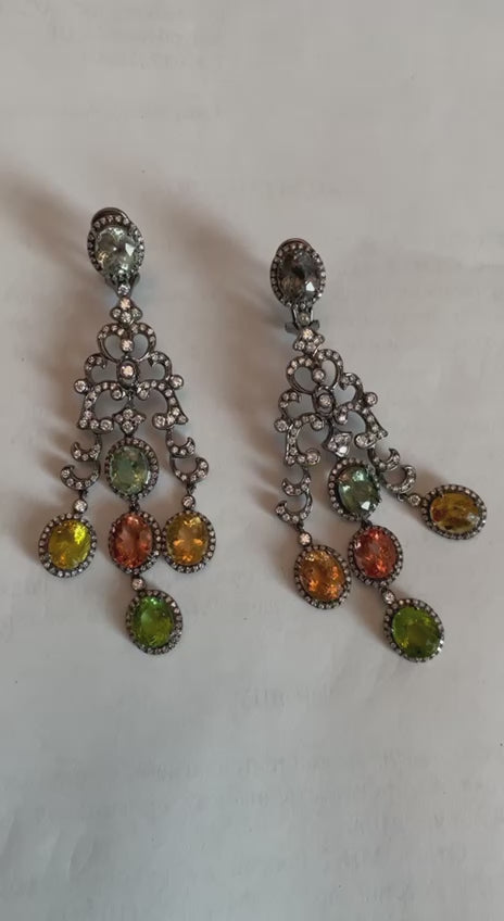 Multi Color Tourmalines Diamond Halo 18K Black White Gold Statement Earrings