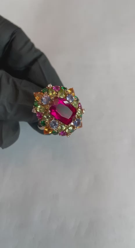 Multi Color Rainbow Ruby Sapphires Garnets Diamonds 18K Rose Gold Statement Ring