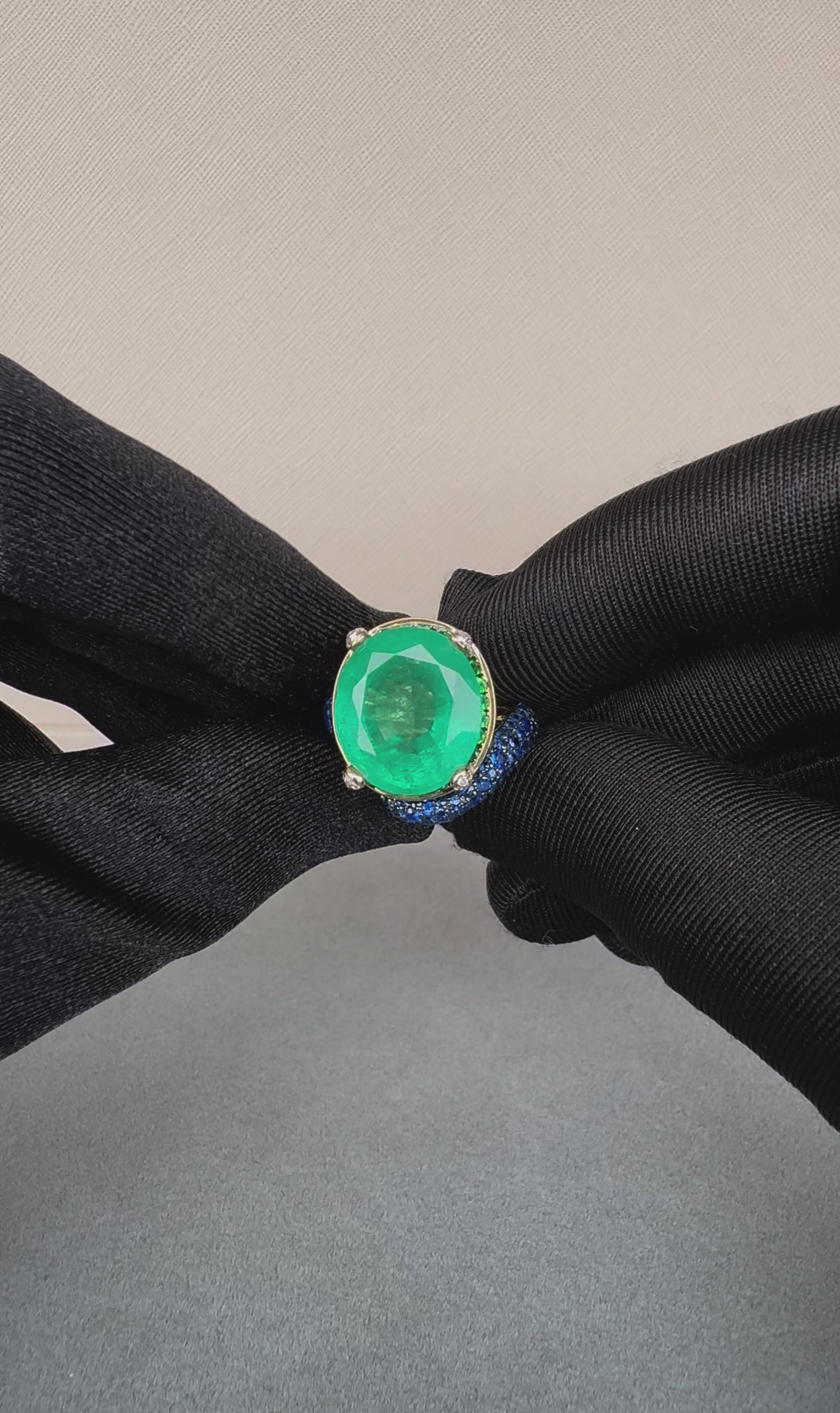 Large Oval Cut Emerald Full Pave Tsavorites Diamonds Sapphires 18K Gold Ring