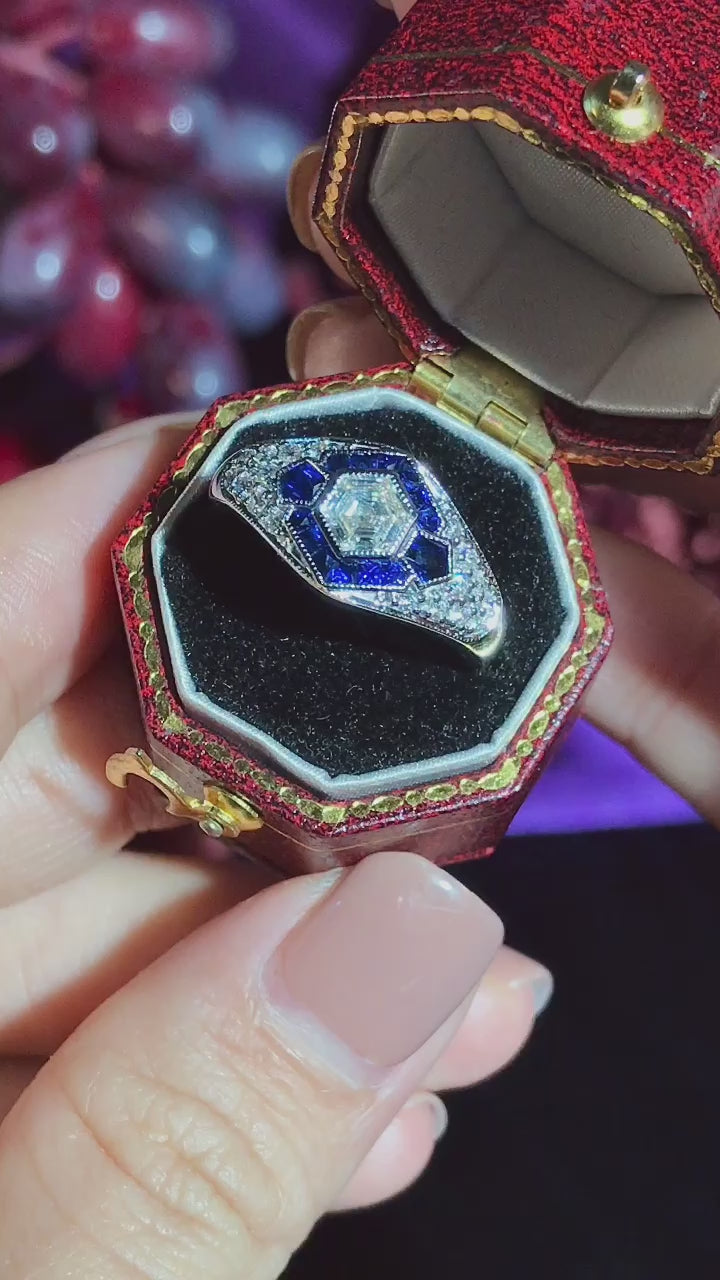 Hexagon Diamond & Blue Sapphire Art Deco Style 18K White Gold Engagement Ring