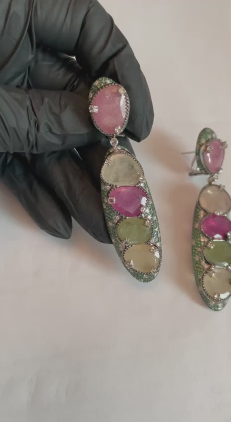 Unique Multi Color Sapphire Emerald Diamonds 18K White Gold Statement Earrings