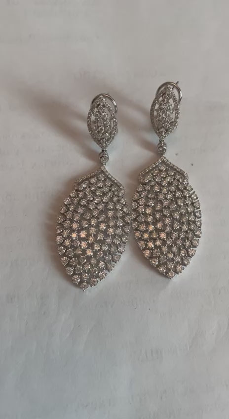 White Brilliant Cut Pave Diamond 18K White Gold Statement Drop Unique Earrings