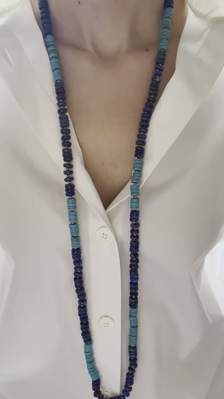 Blue Lapis Lazuli Turquoise Tumble Beads 14K Yellow Gold Bead Long Necklace
