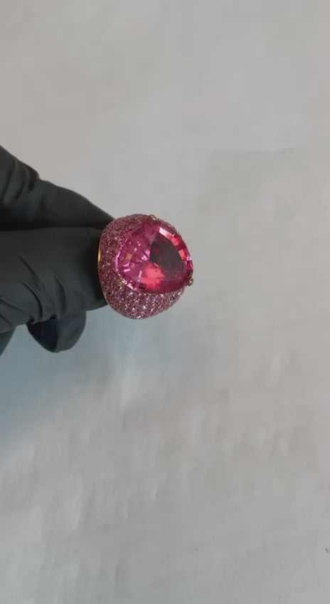 Pink Tourmaline Rubellite Pink Sapphire Diamond Pave 18K Rose Gold Unique Ring