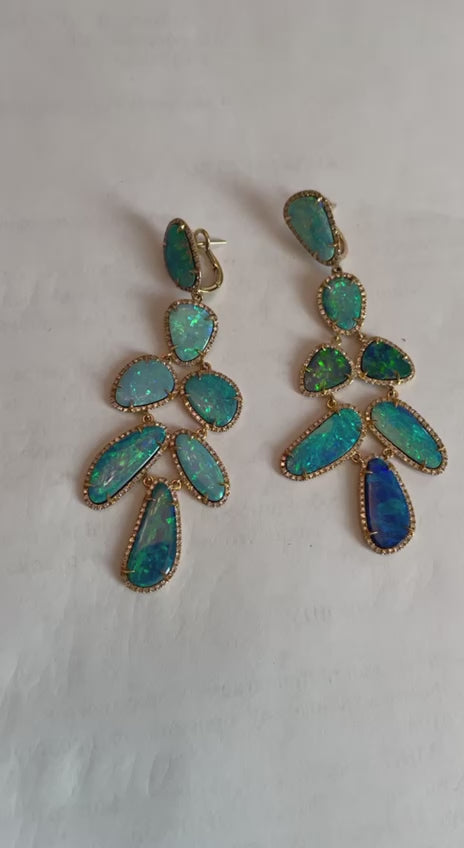 Blue Opals Diamond Halo 18 Karat Yellow Gold Drop Statement Unique Earrings