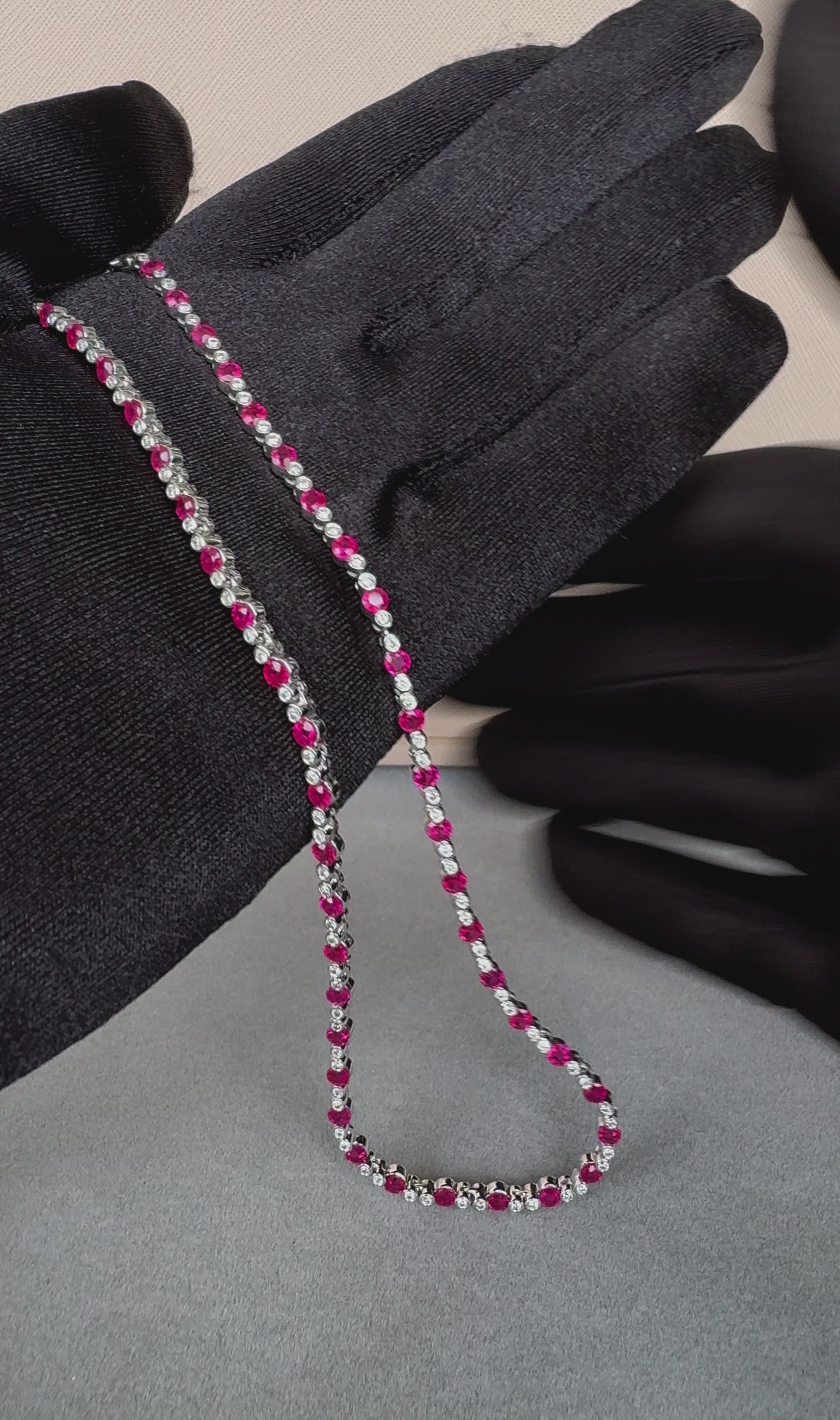 Ruby Diamond Bezel Set Tennis Line 14K White Gold Classic Set Unique Necklace