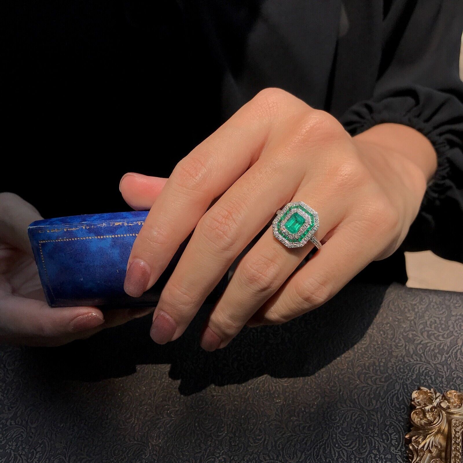 Green Emerald & Diamond Art Deco Style Double Halo Set Engagement Gold Ring
