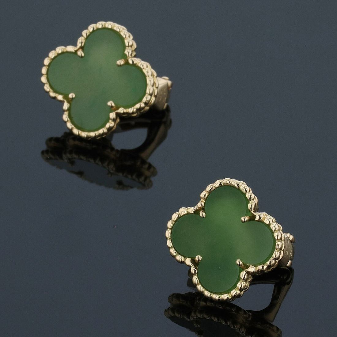 Van Cleef & Arpels Vintage Alhambra Green Jade 18K Yellow Gold Earrings