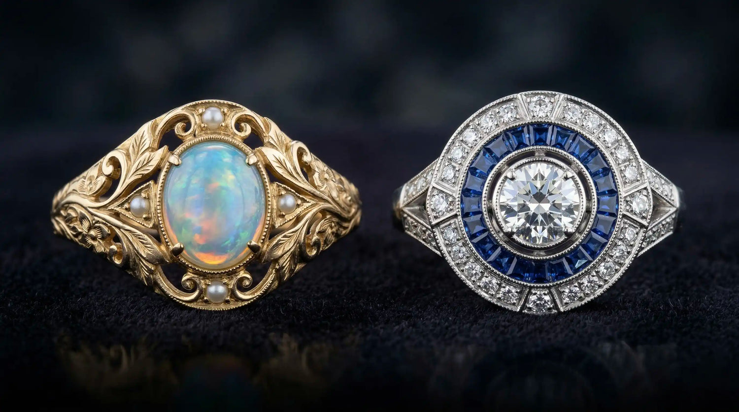 Art Nouveau vs Art Deco Jewelry: Motifs, Metals, and Stone Cuts
