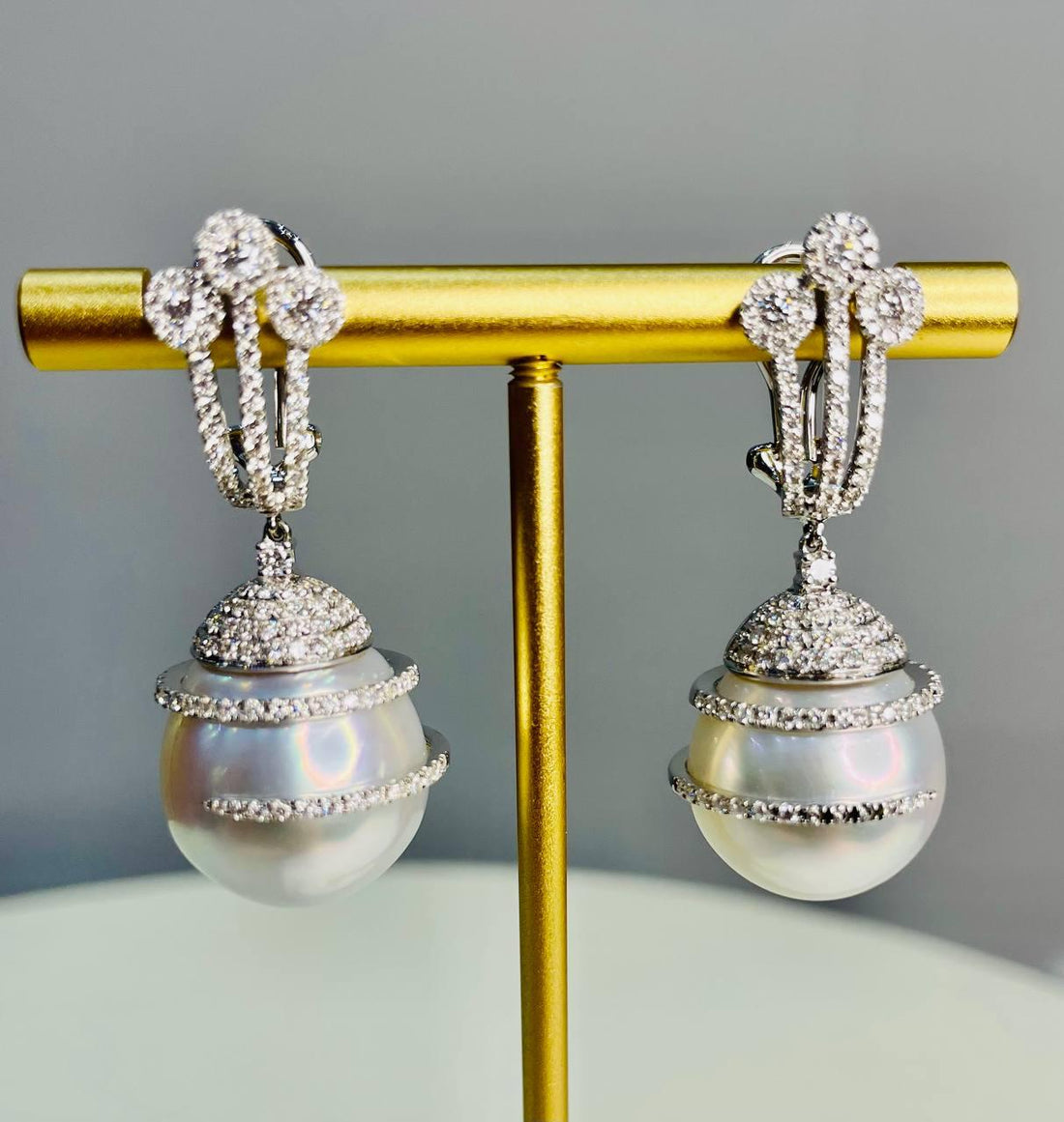 White South Sea Pearl Diamond Pave Drop 18 Karat White Gold Statement Earrings
