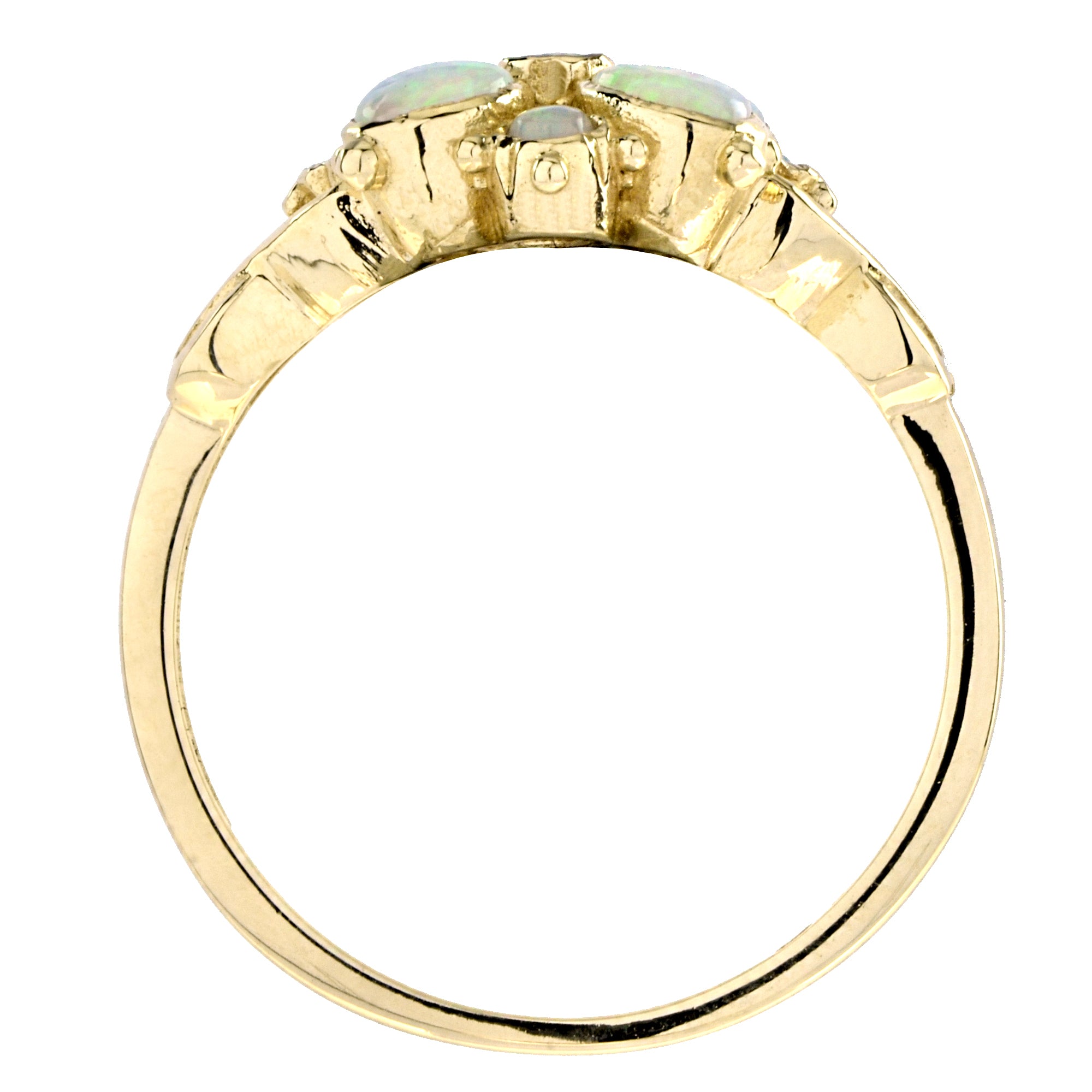 Spring Bloom Pure White Opal Floral Flower Vintage Style 14K Yellow Gold Ring