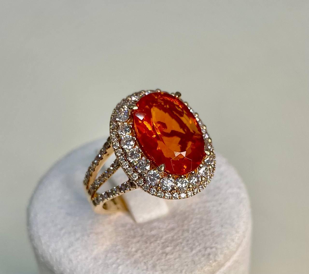 Fire Opal Oval Shape Cut Diamond Halo 14 Karat Rose Gold Statement Classic Ring