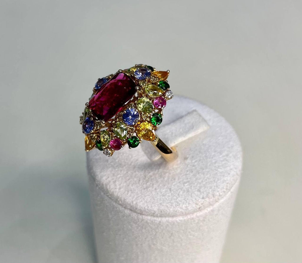 Multi Color Rainbow Ruby Sapphires Garnets Diamonds 18K Rose Gold Statement Ring