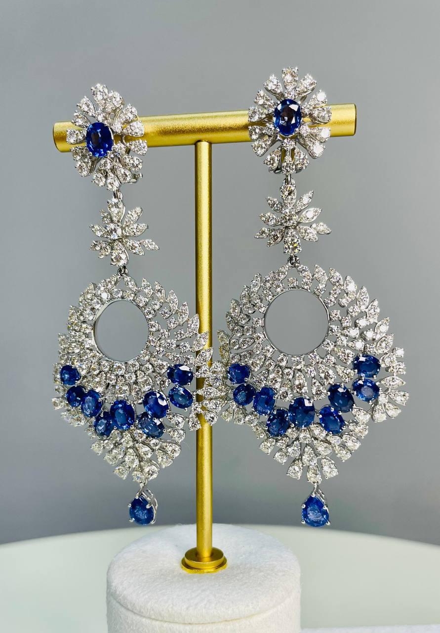 Fancy Shape Blue Sapphire White Diamond 18 Karat White Gold Statement Earrings