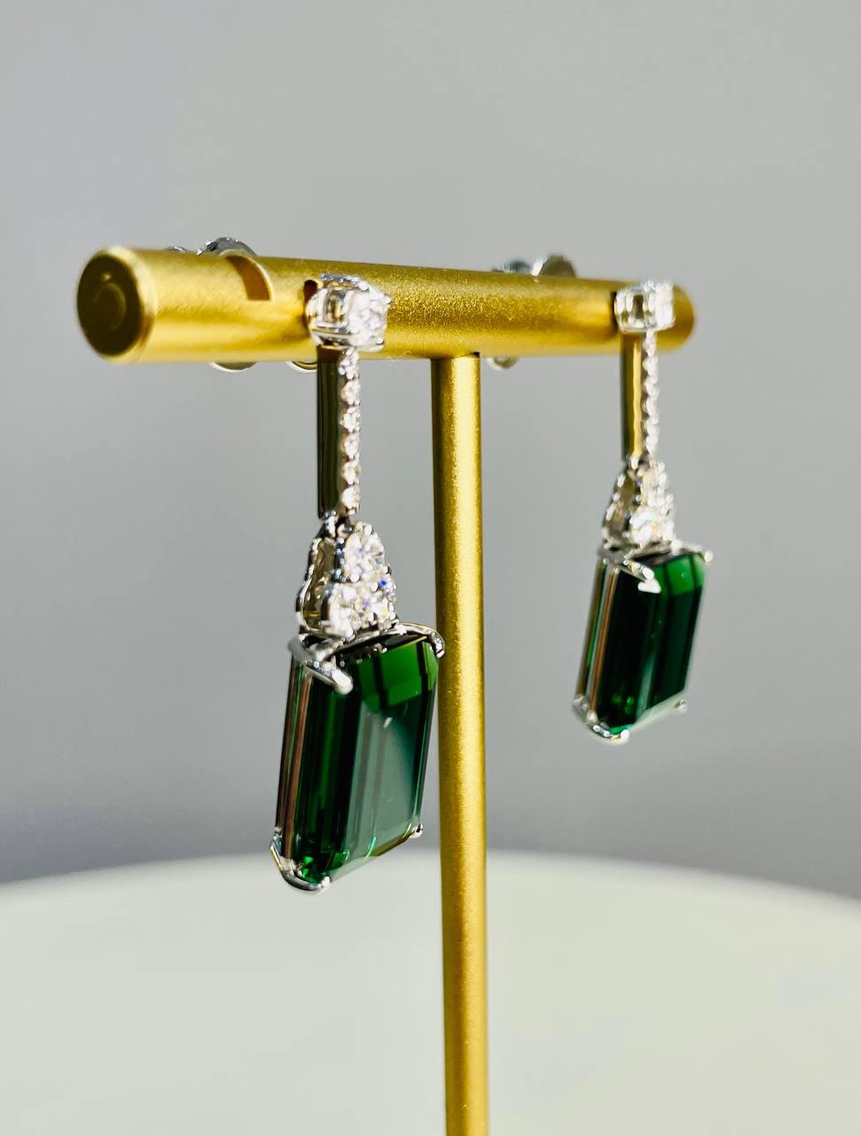 Emerald Cut Shape Green Tourmaline White Diamond 18K White Gold Drop Earrings