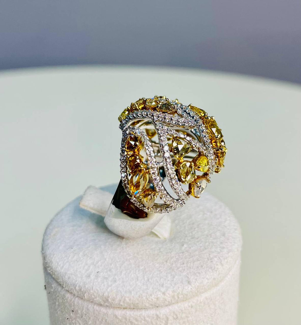 Fancy Cut Shape Yellow Sapphire White Diamond 18 Karat White Gold Statement Ring