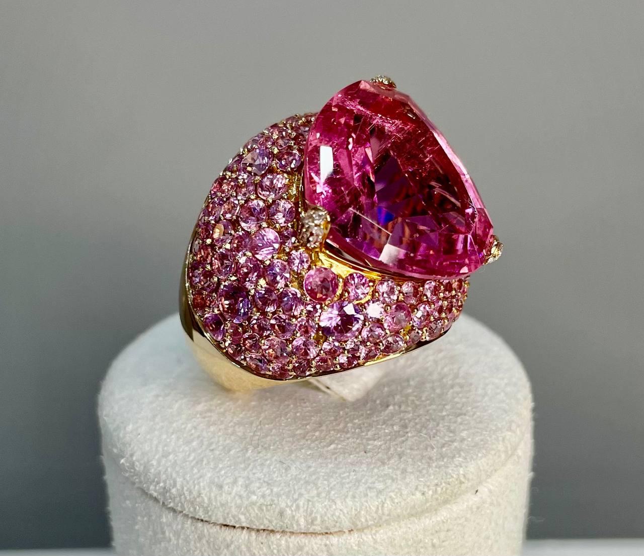 Pink Tourmaline Rubellite Pink Sapphire Diamond Pave 18K Rose Gold Unique Ring