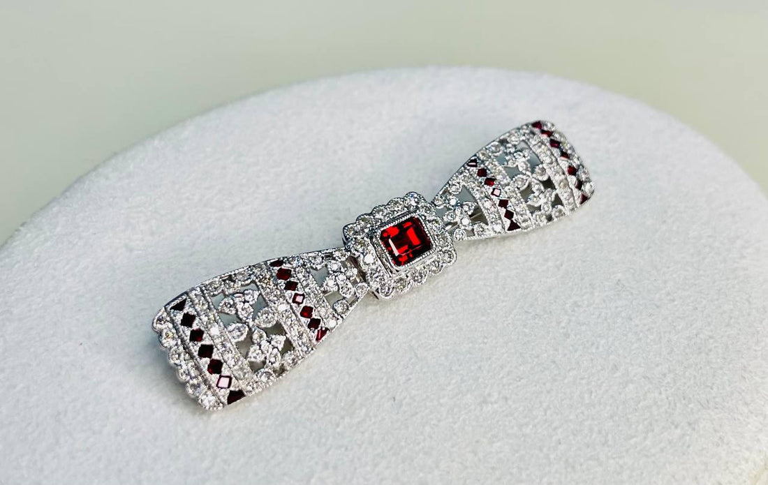 Emerald Cut Red Ruby White Diamond Filigree 18 Karat White Gold Brooch Pin