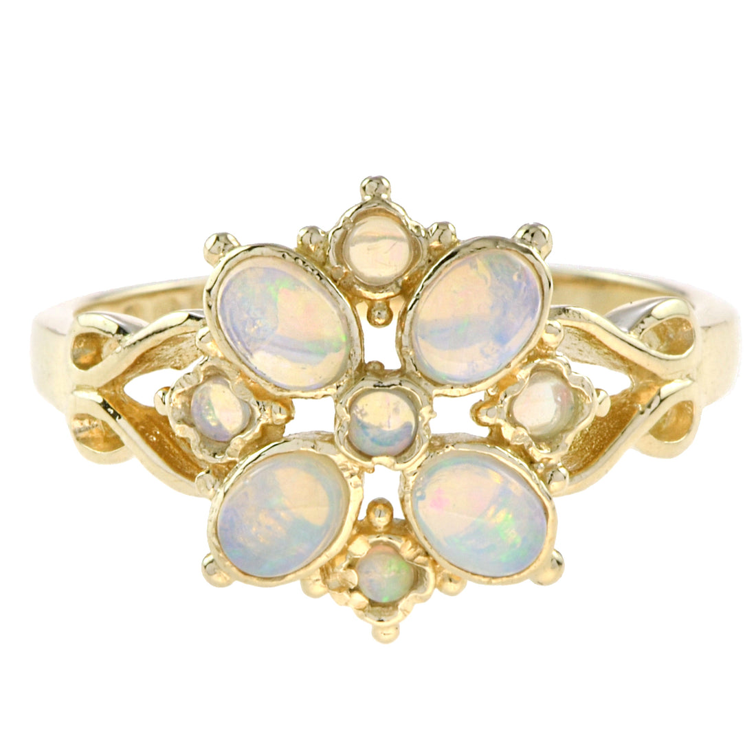 Spring Bloom Pure White Opal Floral Flower Vintage Style 14K Yellow Gold Ring