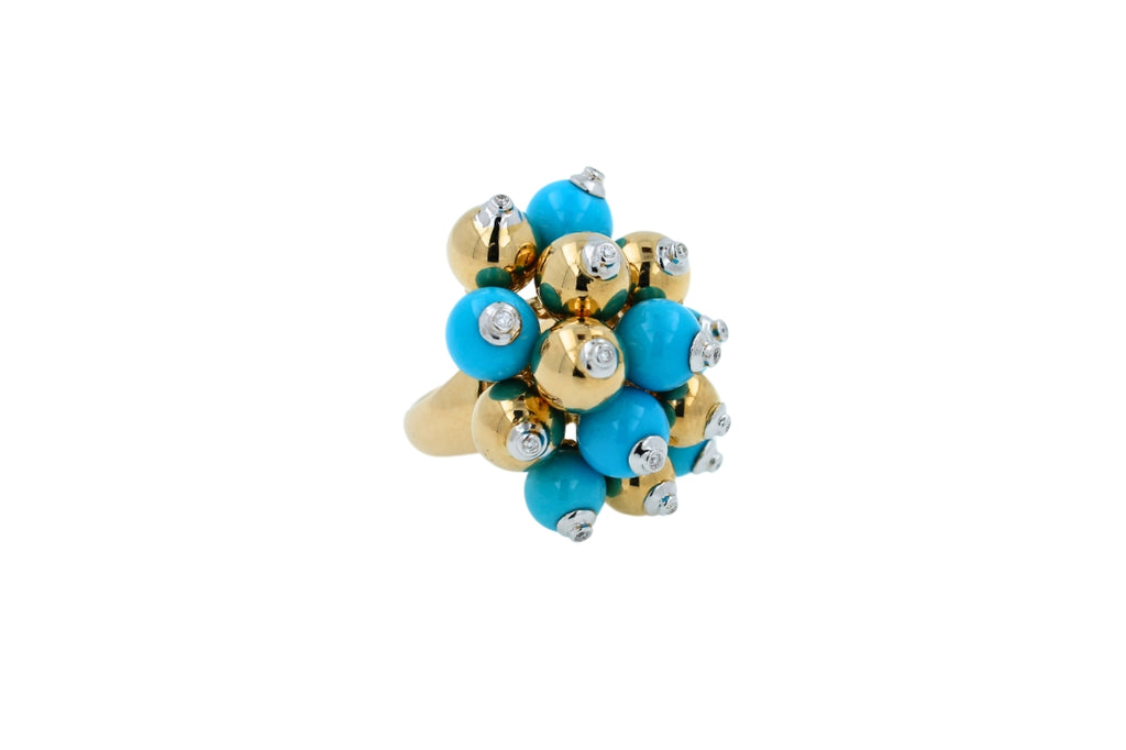 Blue Turquoise Diamonds Golden Spheres Balls Christmas Bells Motif 18K Gold Ring